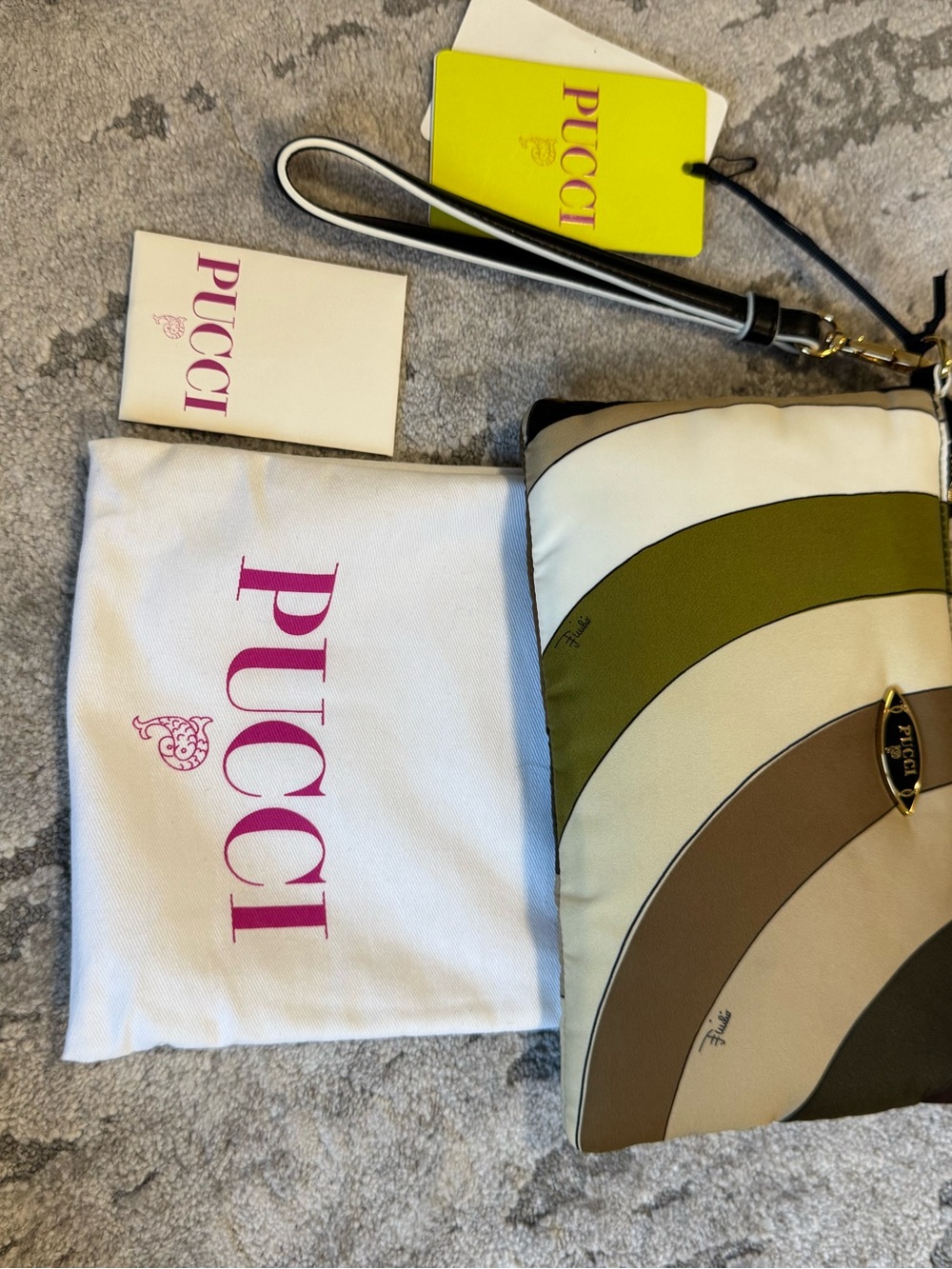 Emilio Pucci Iride clutch Curved Panel Leather Wristlet in Olive, Taupe & Cream